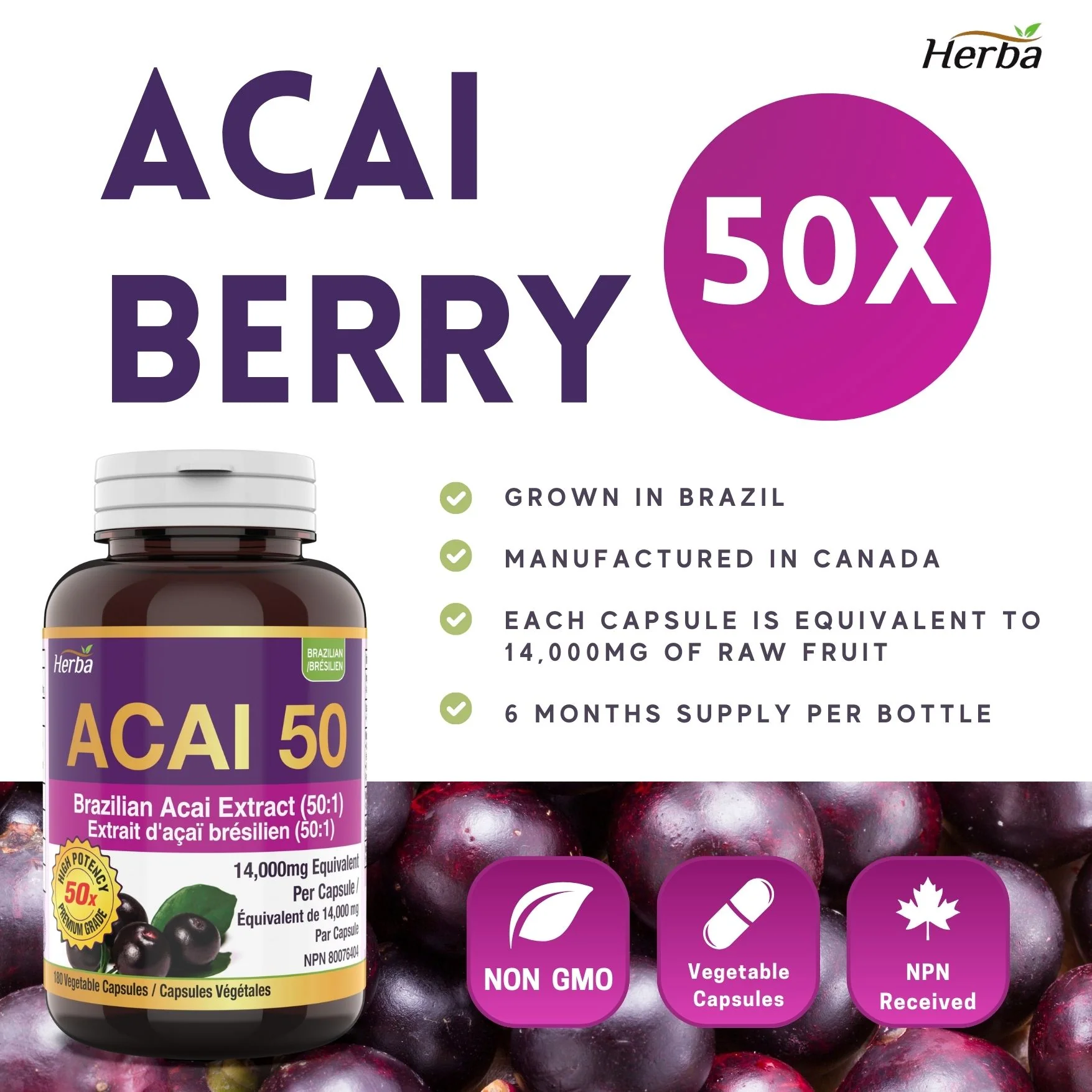 Acai Berry Capsules – 180 Vegetable Capsules | 14,000mg Equivalent - 50:1 Extract - Image 3