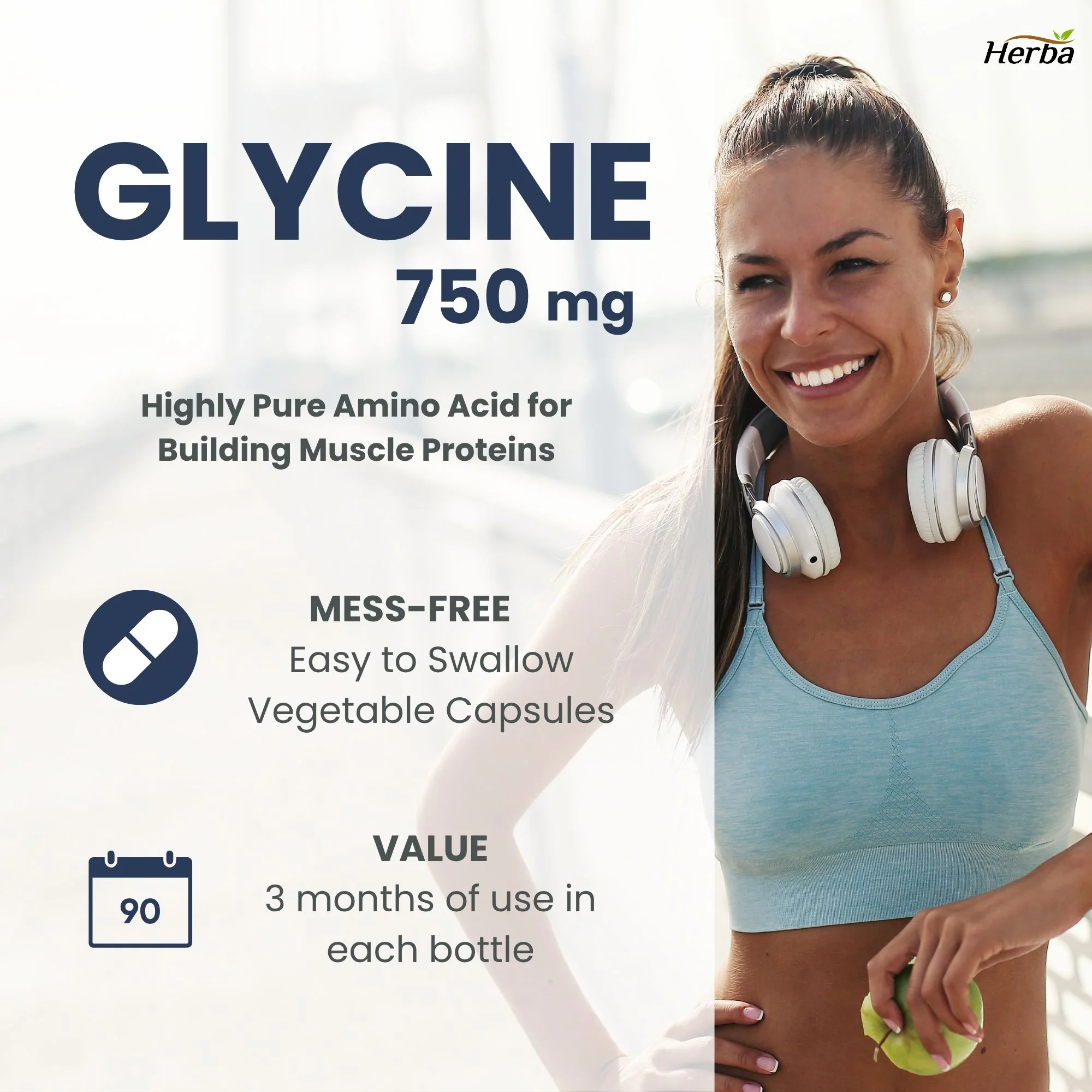 Herba Glycine Supplement 750mg - 180 Capsules - >99% Ultra Pure Glycine Capsules | Made in Canada - Image 3