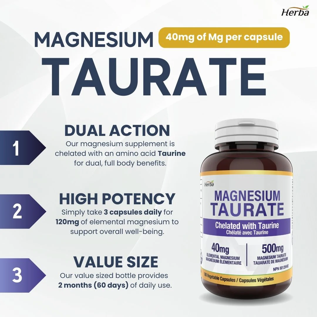 Magnesium Taurate Supplement 500mg - 180 Capsules | Made in Canada - Image 3