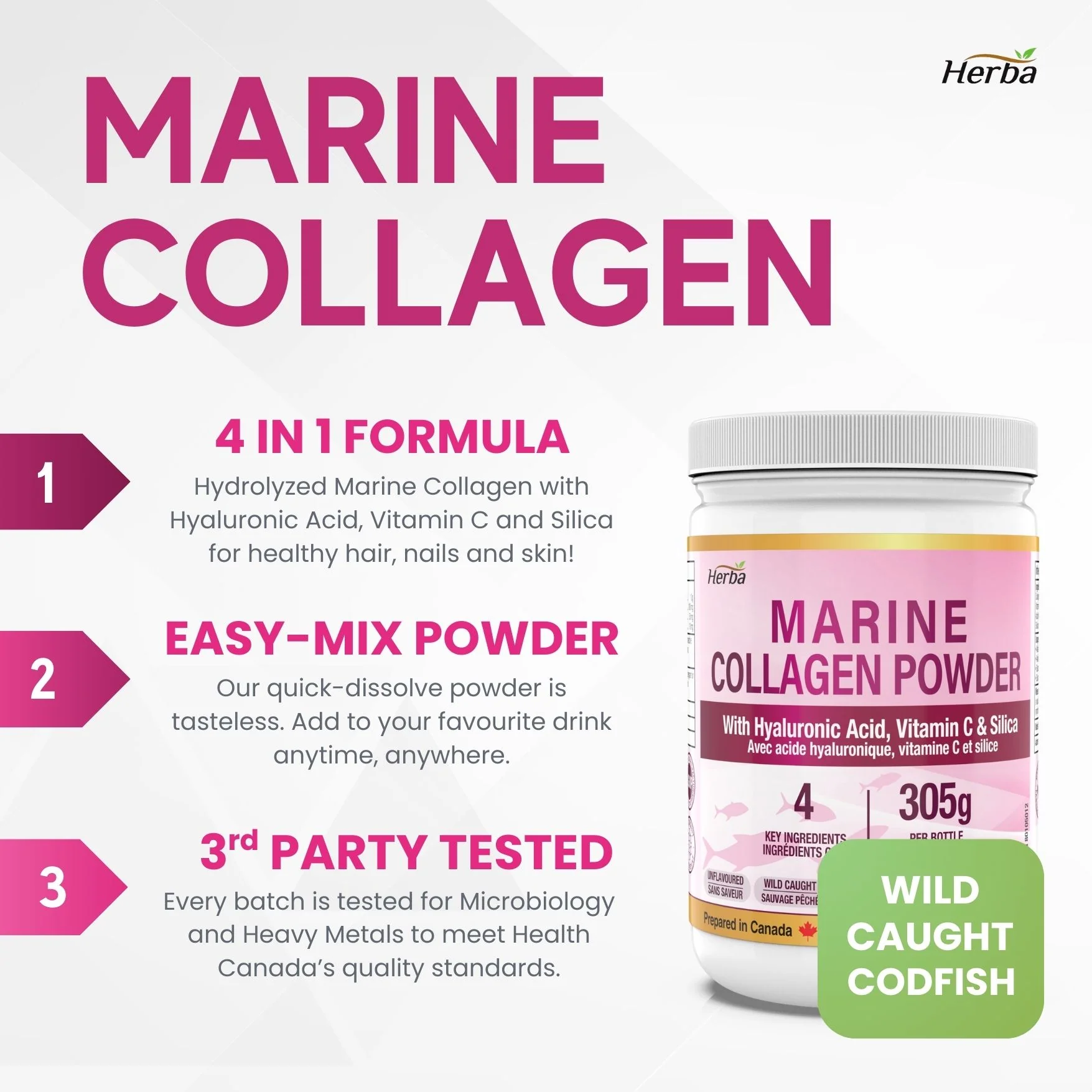 Marine Collagen Powder with Hyaluronic Acid, Silica, and Vitamin C – 305g | Made in Canada - Image 3