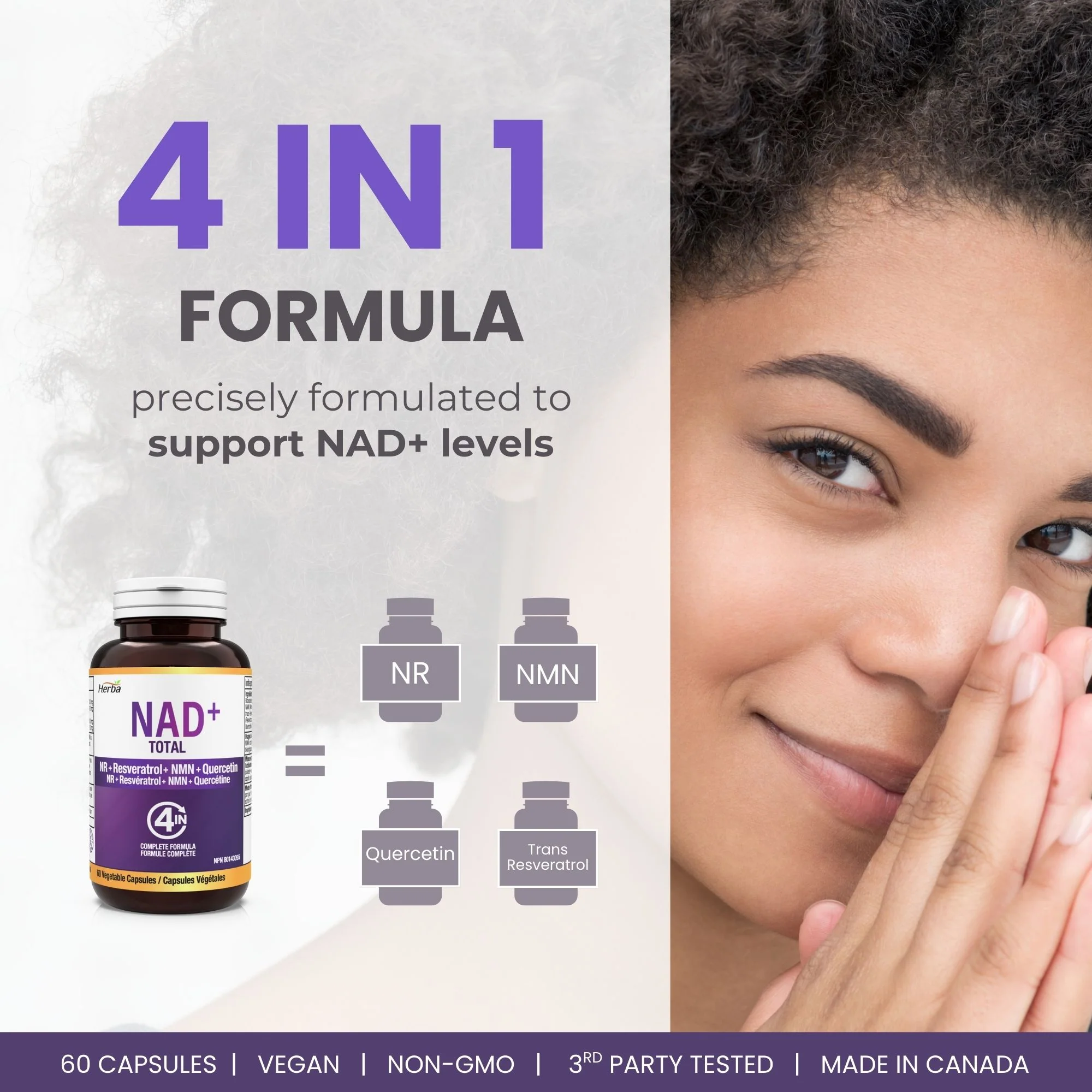 NAD+ Supplement 550mg – 60 Capsules | 4-in-1 NAD Plus Total with Nicotinamide Riboside (NR), β-NMN, Resveratrol & Quercetin | Made in Canada - Image 9