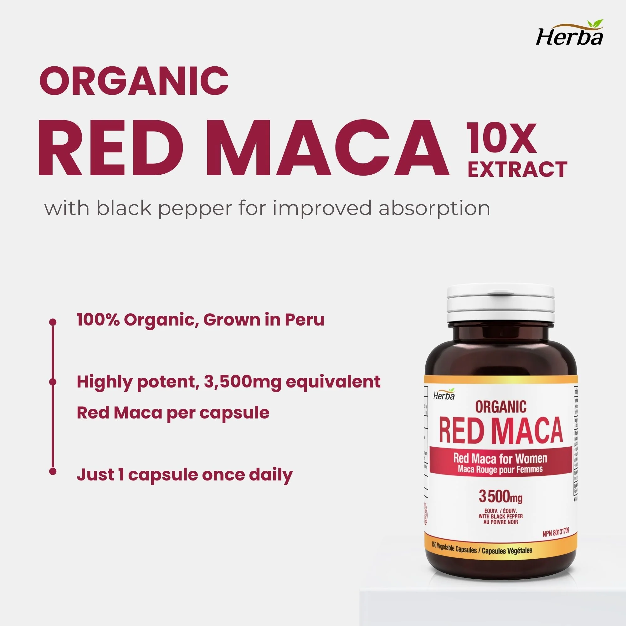 Organic Red Maca Capsules - 3500mg, 150 Capsules | Peruvian Red Maca | Made in Canada - Image 3