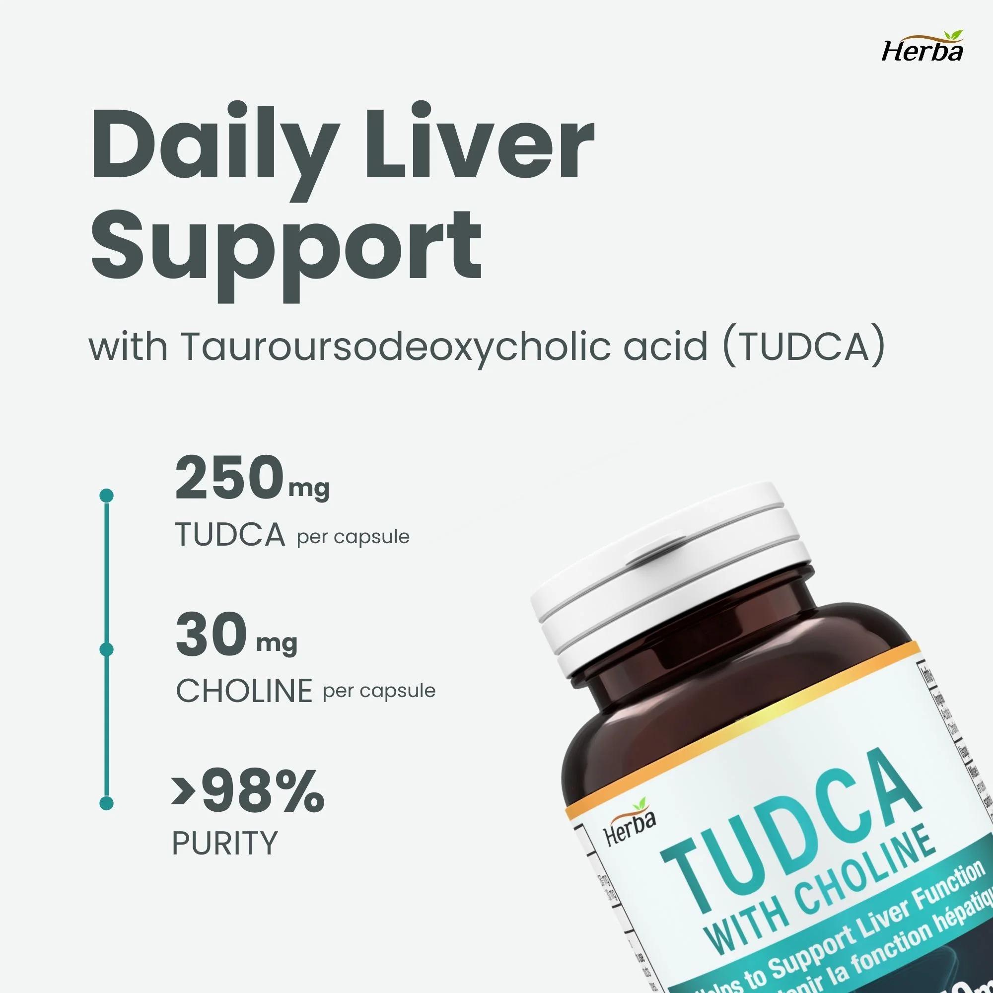 TUDCA Supplement for Liver – 30 Capsules | >98% Purity | Purified Bile Salts Supplements | 250mg TUDCA + Choline | Made in Canada - Image 3